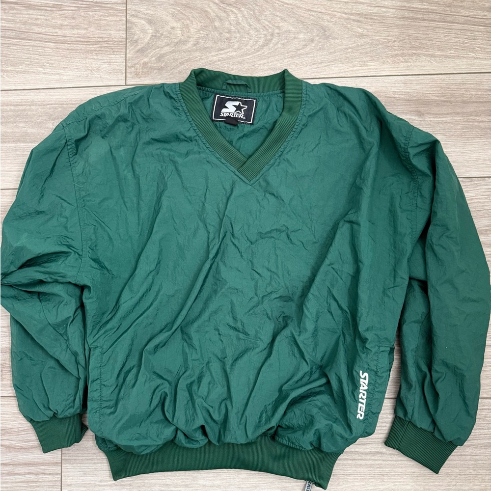 vintage Starter Green V-Neck nylon Windbreaker